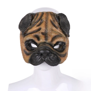 Realistic latex pug mask detail featuring wrinkled skin texture and lifelike dog features