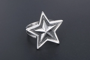 Detailed view of punk style silver titanium steel ring with 3D star shape on dark surface