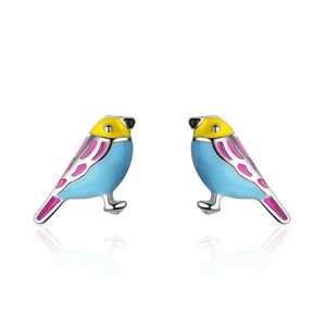 Cute colorful bird stud earrings with yellow, blue, and pink enamel and silver edges