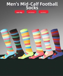 Close-up of non-slip and sweat-absorbing striped football mid-calf socks for men