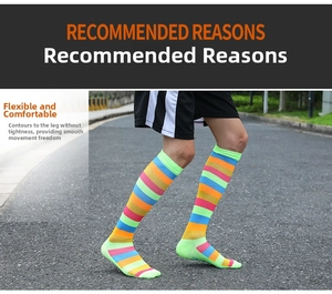 Detailed view of rainbow striped compression socks for sports and outdoor fitness