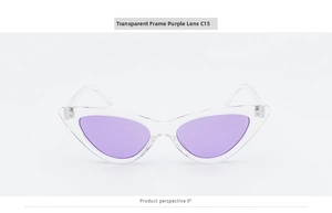 Front view of transparent cat eye sunglasses with purple lenses and C15 frame detail