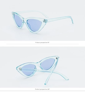 Detail view of cat eye sunglasses showing 90 and 180 degree angles in light blue