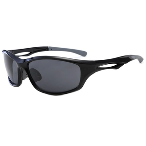 Streamlined all-black sports cycling sunglasses with lightweight frame and gray lenses