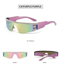 Détails de lunettes de soleil masque violettes sans monture avec strass et verres miroirs