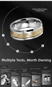 Close-up of titanium steel ring with Celtic dragon pattern and gold plated finish