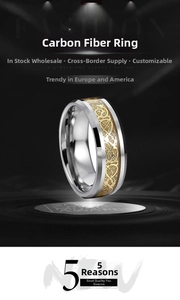 Detail of carbon fiber ring with golden dragon inlay and polished steel edges
