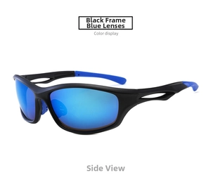 Detail view of sport cycling sunglasses featuring a black frame with blue mirrored lenses