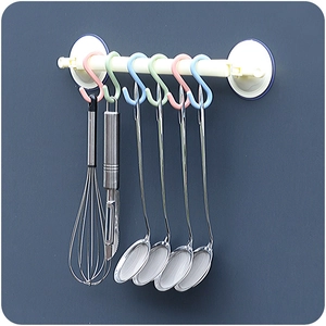 Wall-mounted kitchen hook rack with six multi-color S-hooks and strong suction cups