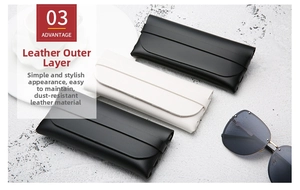 Close-up of leather sunglasses pouches in black and beige showing premium grain texture