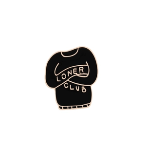 Black punk style sweater enamel brooch featuring Loner Club text with gold alloy edges