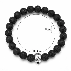8mm black lava rock and skull charm bracelet, 18.5cm stretch jewelry for men and women