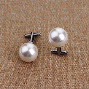 Elegant pair of white pearl cufflinks with gunmetal gray T-bar base for formal shirts