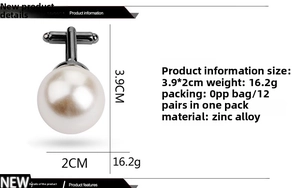 Detail view of pearl cufflinks with gunmetal base showing 3.9x2cm dimensions and design