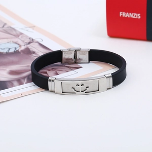 Men's black silicone bracelet with silver stainless steel anchor plate and clasp