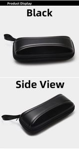 Detail view of black faux leather sunglass case with zipper and nylon wrist strap
