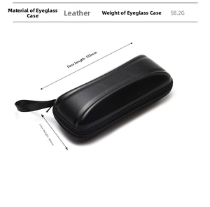 Detail of leather sunglasses case showing 155mm length, 60mm height and side lanyard