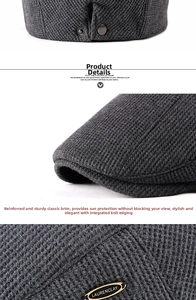 Detail of gray knitted flat cap featuring reinforced brim and metal logo plaque