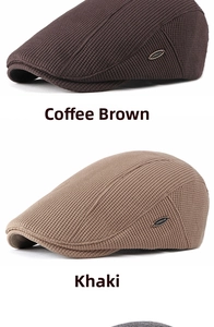 Detail of waffle knit fabric and metal logo on coffee and khaki newsboy caps