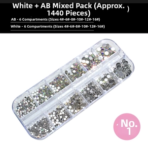 12-grid nail art rhinestones set featuring white and AB crystals in a clear storage case