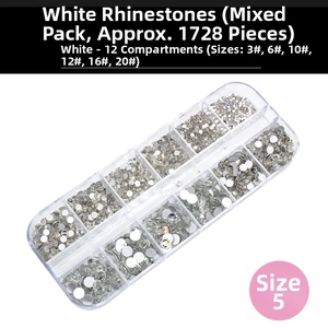 Detailed view of 12 grids box containing 1728pcs mixed sizes white flatback rhinestones
