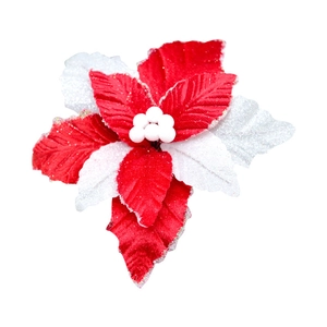 Red and white artificial Christmas flower with gold glitter edges and white berry core