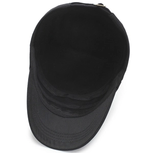 Classic black cotton flat top army cap with adjustable metal buckle and inner sweatband