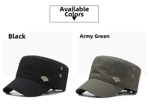 Detail view of cotton military flat top caps in black and army green with metal badge