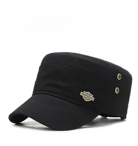 Close-up of a black canvas military flat top hat featuring a vintage metal shield emblem