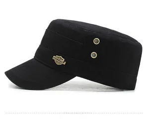 Detailed side view of a black flat top army cap featuring metal vents and a golden shield badge