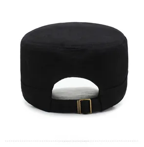 Rear view of black flat top cadet cap featuring adjustable antique bronze metal buckle