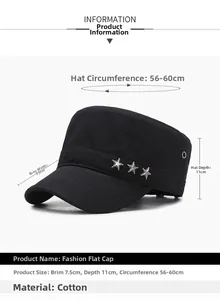 Detail view of cotton flat top cap with three silver star rivets and durable metal studs