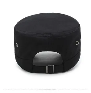 Rear view of black cotton cadet cap showing adjustable metal buckle and side air eyelets