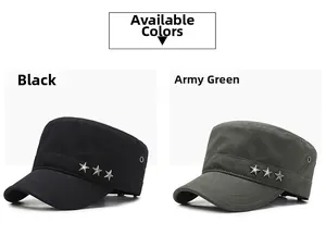 Detail of cadet caps in black and army green with metal stars and side air vents