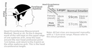 Size chart for winter corduroy baseball cap with head circumference measurements
