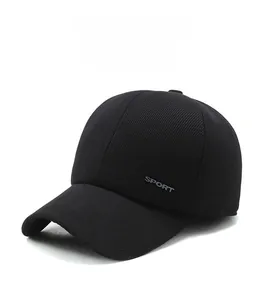 Detail view of thick black corduroy winter baseball cap with ear protection and SPORT logo