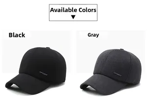 Detail view of corduroy baseball caps in black and gray with SPORT embroidery