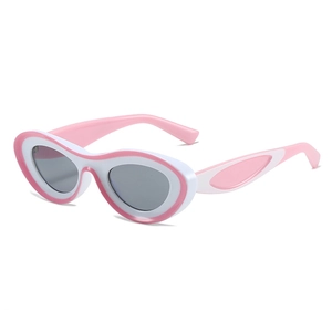 Modern oval sunglasses with pink and white two-tone frames and grey tinted lenses