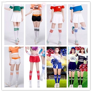 Collage of athletic cheerleader uniforms in multiple colors with striped knee-high socks