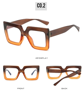 Three-angle view of square blue light glasses with a brown and orange gradient frame