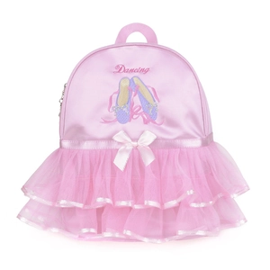 Detail of pink ballet backpack with satin fabric, mesh tutu skirt and dancing embroidery
