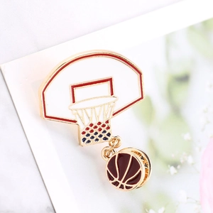 Cute sports basketball hoop and ball metal brooch pin for stylish clothes bag and shirt decor.