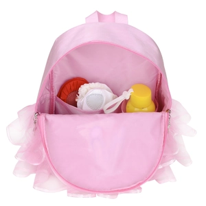 Pink girls' ballet dance backpack with lace tutu trim and spacious interior storage