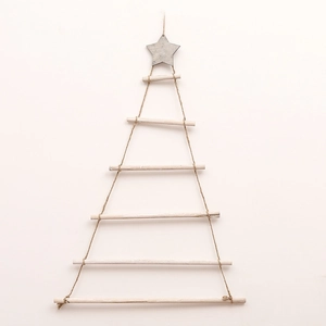 Hanging wooden Christmas tree wall decor with six tiers, hemp rope, and a star topper