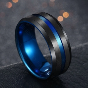 Macro detail of 8mm black brushed titanium ring with blue groove and polished interior