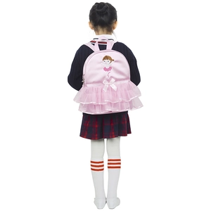 Pink girl's ballet backpack featuring a tutu skirt layer and ribbon bow on the back