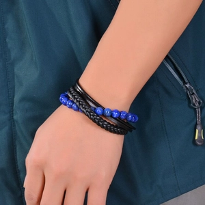 Men's multilayer leather bracelet with blue natural agate beads and magnetic clasp