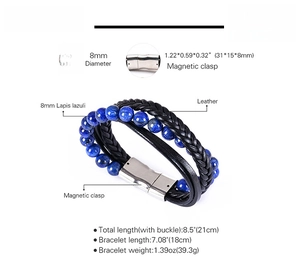 Lapis lazuli beads and woven leather bracelet with magnetic clasp detail and size specifications