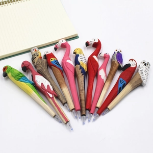 Hand-carved wooden bird pens set with colorful parrot owl and flamingo designs