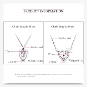 Detailed size chart for stainless steel shield and heart necklaces with LOVE engraving